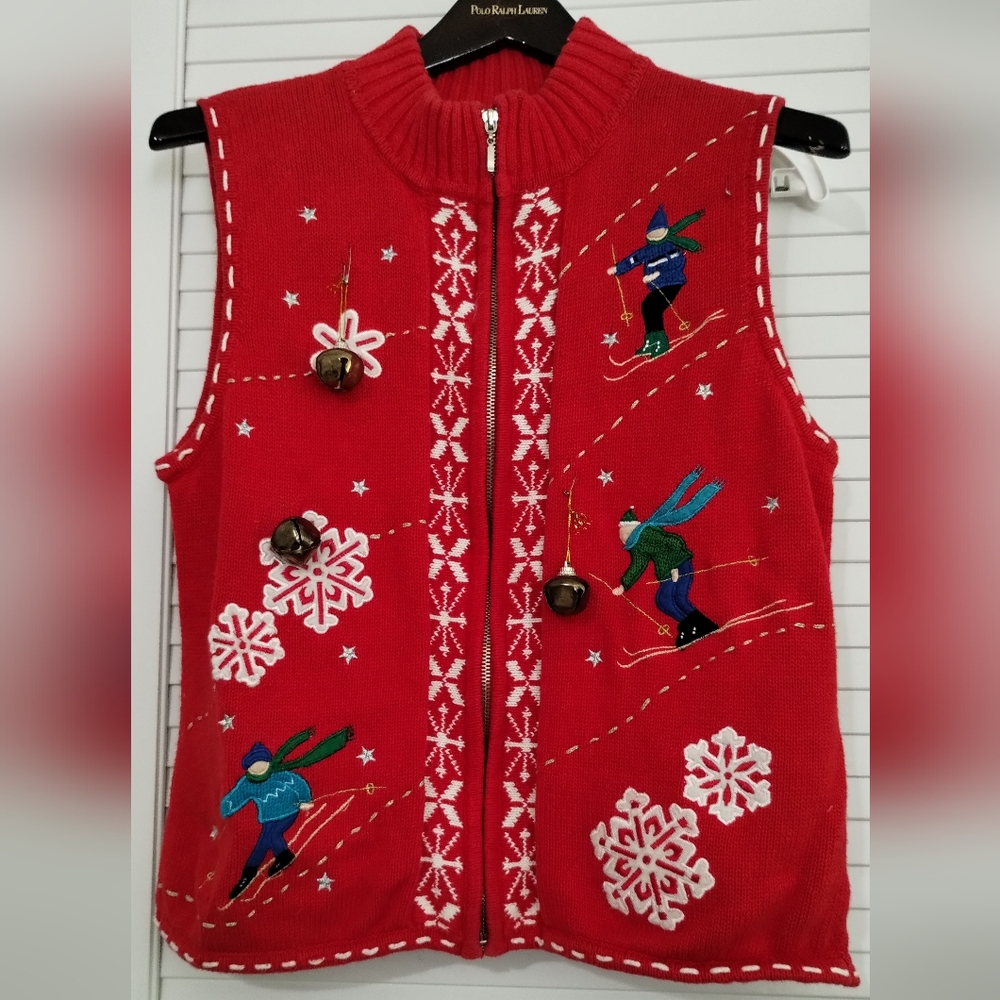 Vtg Studio Joy Christmas Holiday Knit & Embroidered Zip Up Cardigan Sweater